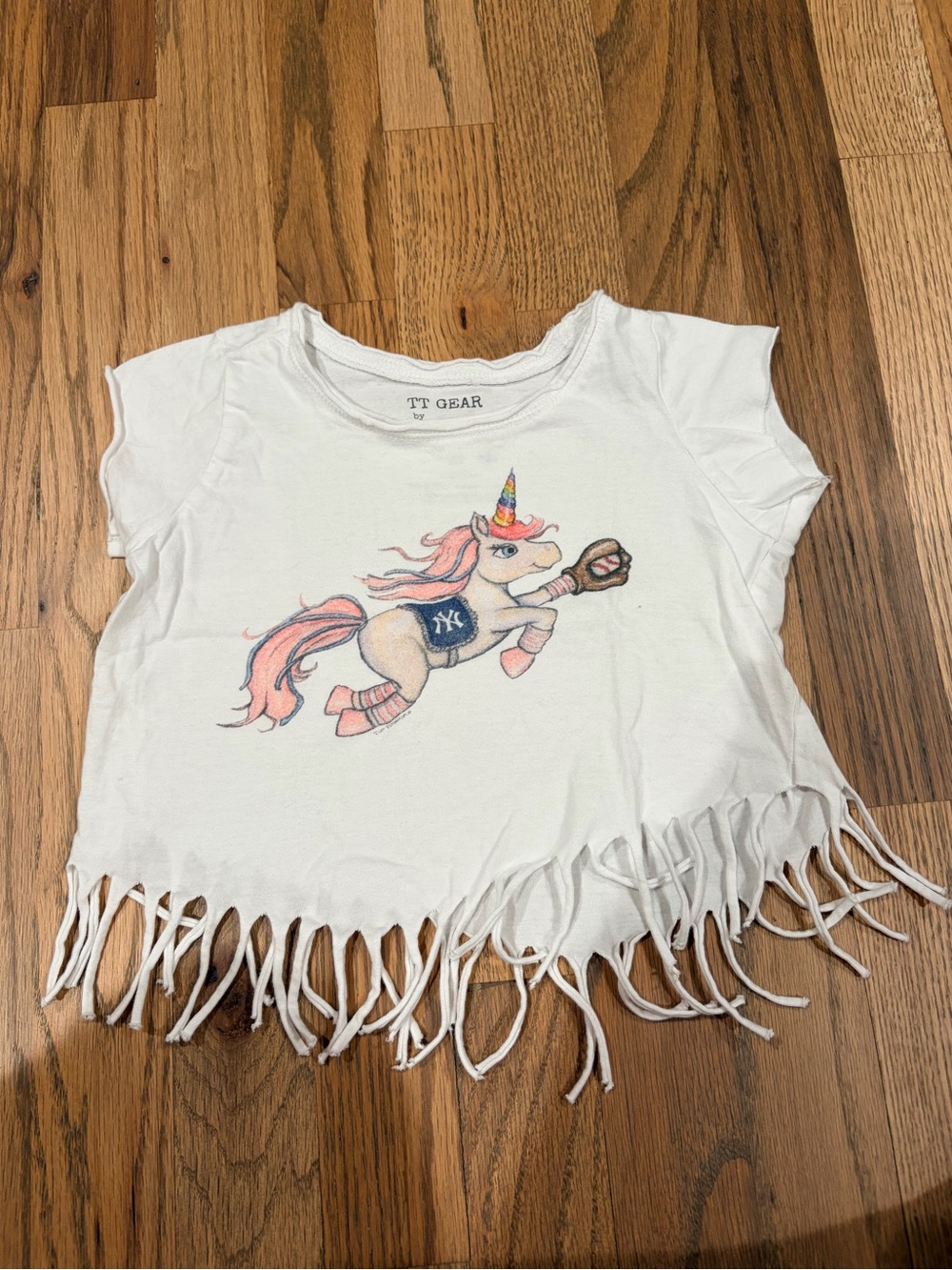 TT Gear by Tiny Turnip toddler girl Yankees unicorn fringe tshirt